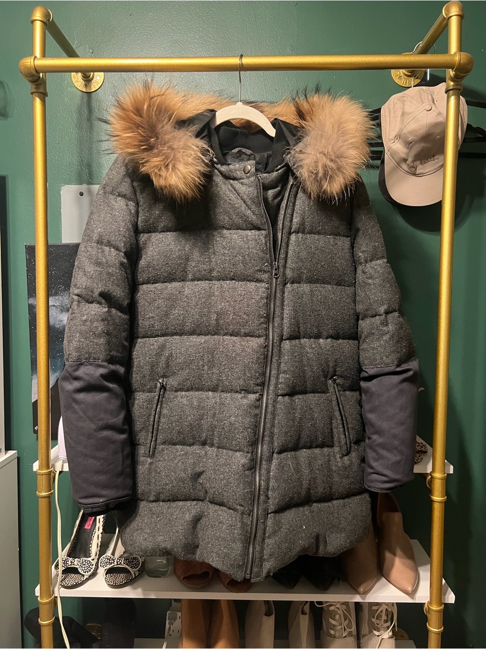 Pink Martini Heather Gray Puffer Coat with Fur Trim